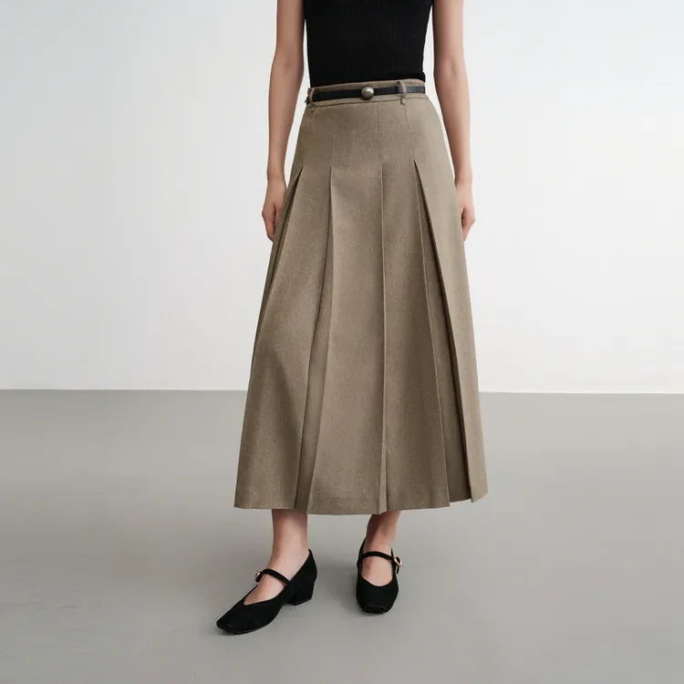 【蓝标】EP雅莹2025新款女装 通勤OL质感高腰百褶裙a摆半身裙3415A