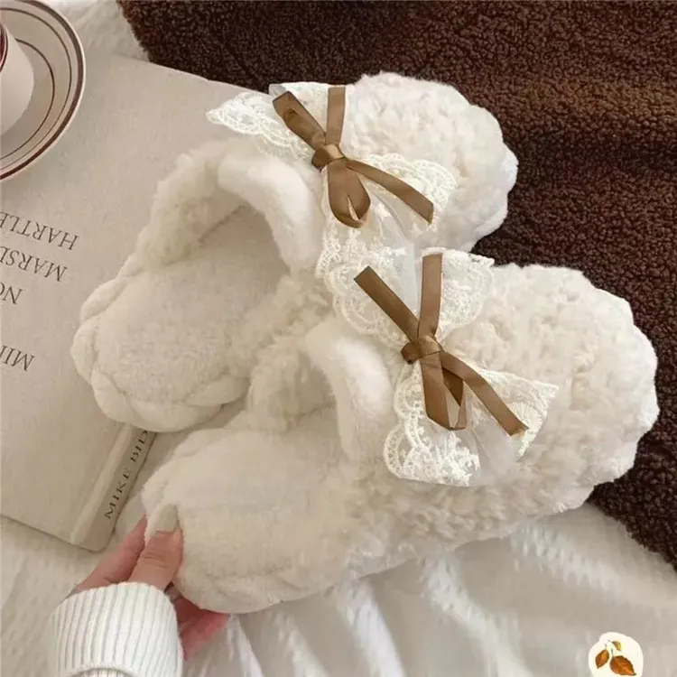 蝴蝶结蕾丝棉拖鞋女士月子冬季保暖防滑室内家居棉拖鞋