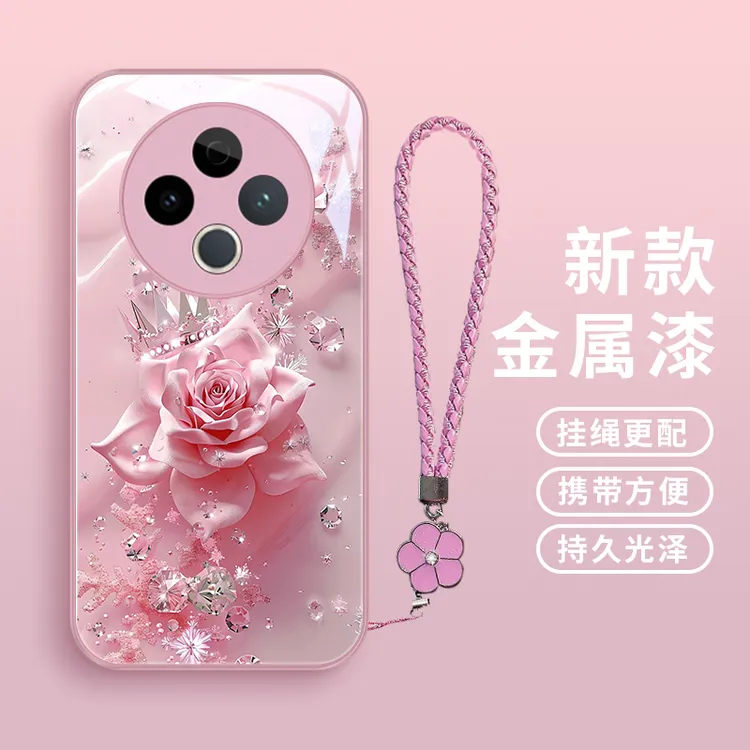 钻石玫瑰适用vivoY500手机壳VIVOY500女生超薄高颜值粉色送挂绳女