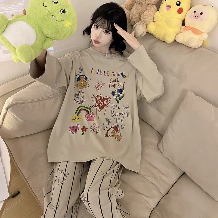 纯棉睡衣女士长袖春秋季卡通可爱加大码学生薄款可外穿家居服套装