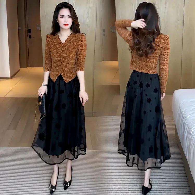时尚洋气套装裙女2025春季新款蕾丝衫上衣网纱半身裙显瘦两件套潮
