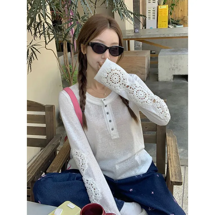 美式chic设计感蕾丝镂空刺绣长袖T恤女夏季慵懒风宽松防晒衫上衣
