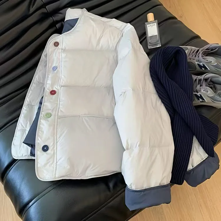 宽松型围巾款韩系新款温柔奶蓝色棉服2025秋冬百搭宽松撞色短款棉