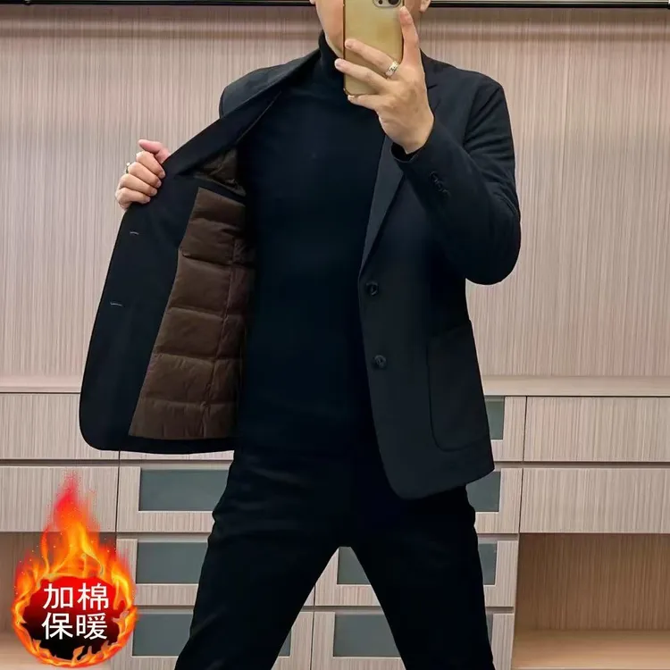 2025冬季新款男士休闲棉西服加棉款保暖加厚纯色净版黑色轻奢外套