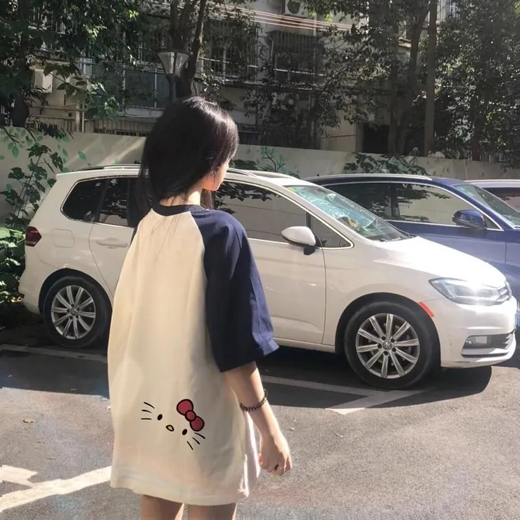 夏季女童插肩可爱kitty猫t恤宽松休闲拼接短袖上衣中大童0211A006