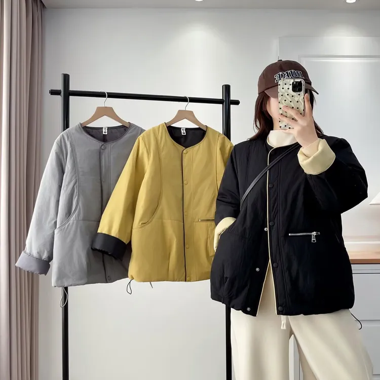 大码胖mm冬装新款撞色拼接棉服女宽松显瘦圆领拉链棉衣外套090