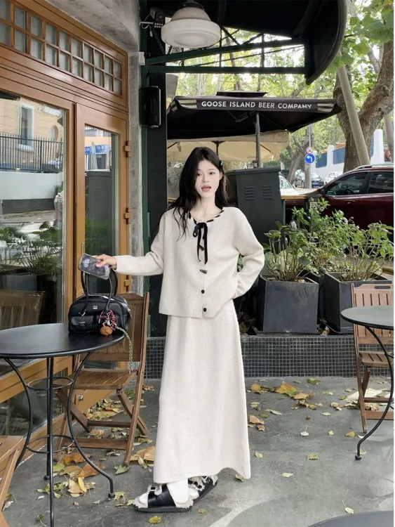 韩版圆领系带针织开衫时尚套装女秋冬新款宽松慵懒风半身裙两件套