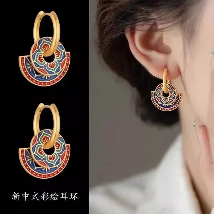 铜合金珐琅耳饰 新中式彩绘滴釉耳环小众复古国潮耳钉设计感耳扣