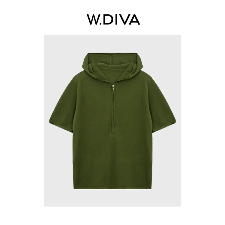 W.Diva【旅途】三醋酸简约显瘦宽松连帽短袖针织T恤52Z032259