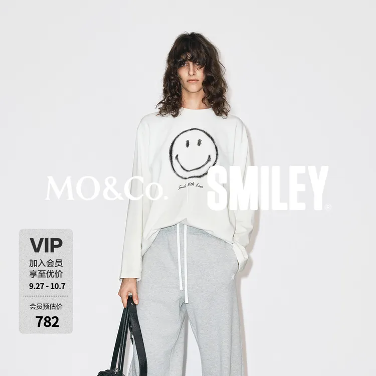 MOCO长袖T恤2025冬新品SMILEY联名系列棉笑脸印花烫钻MBE4TEET02