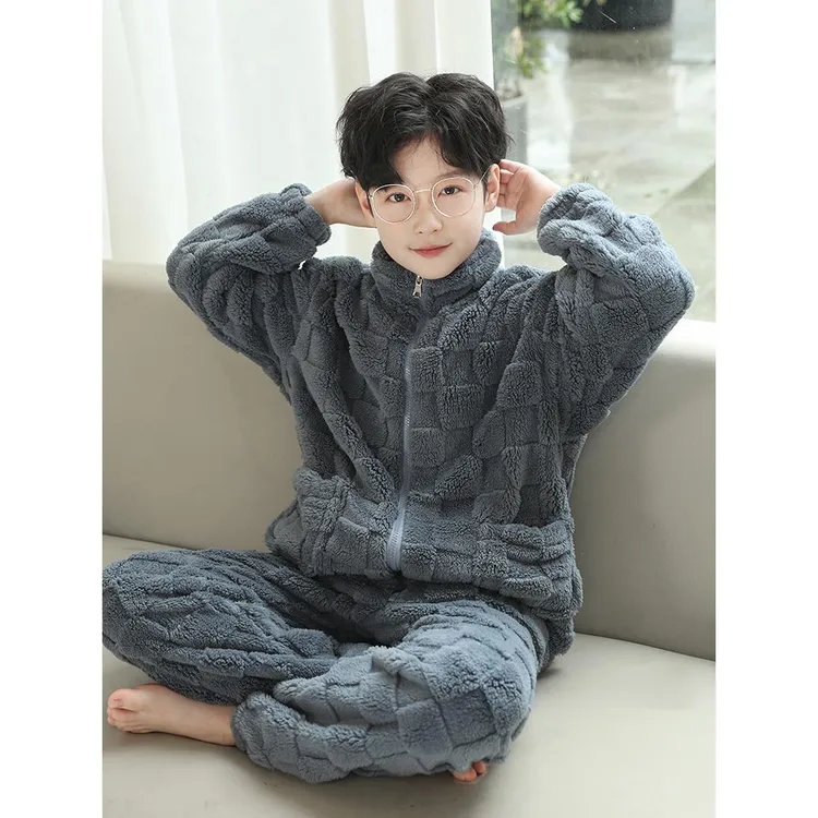 儿童装男童睡衣春秋冬款家居服加绒加厚珊瑚绒冬季大童男孩法兰绒