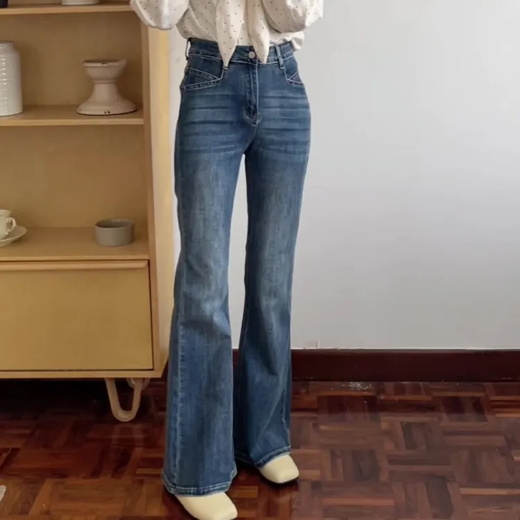 【铭洋】秋冬加绒复古做旧微喇牛仔裤女高腰显瘦百搭休闲弹力休闲裤