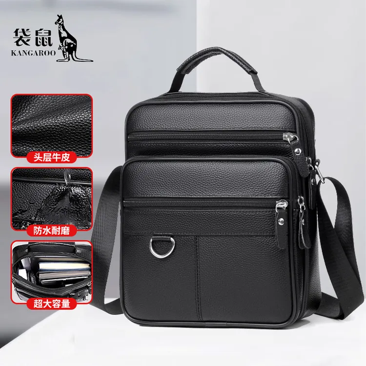 z【牛皮】袋鼠男包休闲风真皮包挎包商务多功能时尚潮流牛皮包韩版