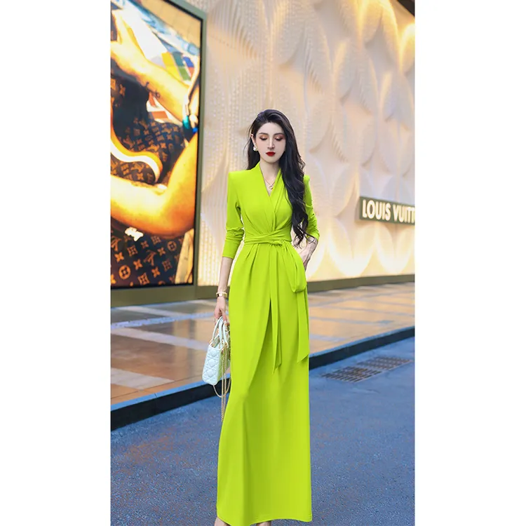 【尤克菲儿】原创小众高定韩国水晶麻连衣裙轻奢高腰显瘦纯色系带裙