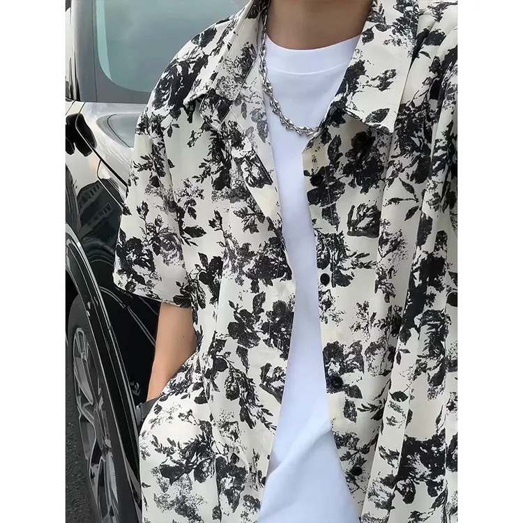 日系复古原宿碎花衬衫男女古着vintage中性度假风薄款宽松衬衣服