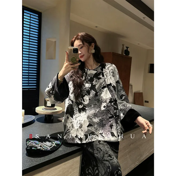 三吉黑花【今朝梦】新中式国风织金浮雕卫衣外套女款加厚时尚洋气