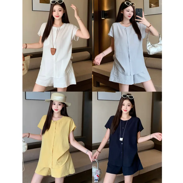 2025年洋气时尚套装短袖衬衣短裤宽松休闲风两件套3350