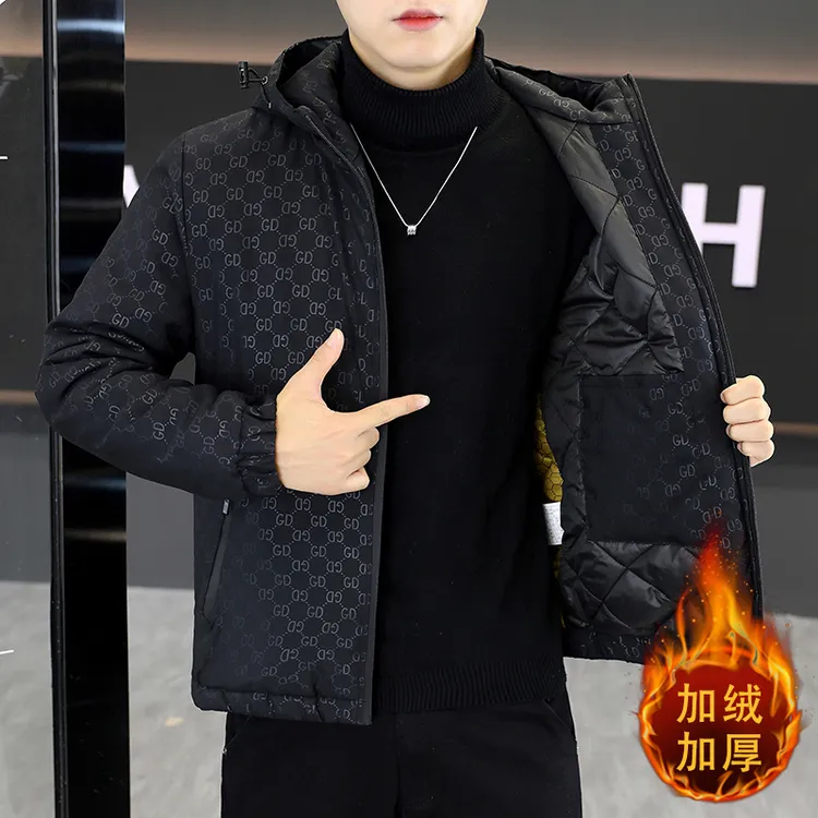 潮牌加绒加厚保暖外套男装羽绒棉服男士休闲时尚短款修身连帽外套