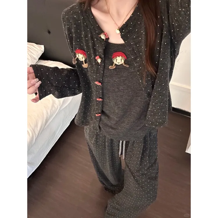 可爱小红帽长袖家居服睡衣女款三件套秋冬长裤波点开衫外套可外穿