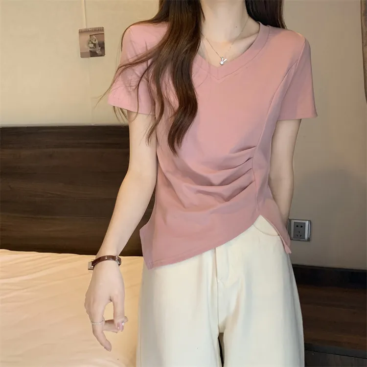 实拍现货 夏季新款简约百搭V领收腰开叉纯棉短袖T恤女上衣