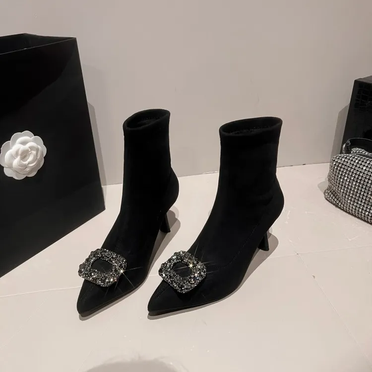 新款2025秋冬针织弹力靴尖头时尚璀璨星河细跟气质百搭款瘦瘦靴