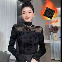 法式半高领上衣时尚性感长袖加绒网红植绒轻熟洋气显瘦打底蕾丝衫