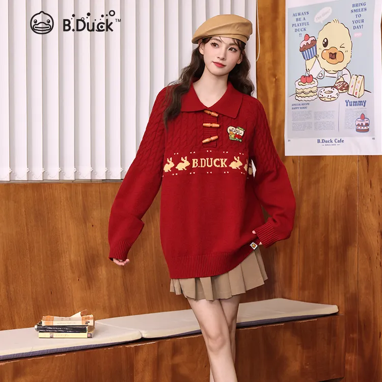 B.Duck翻领针织毛衫冬季新款时尚宽松休闲复古红色显白减龄毛衣