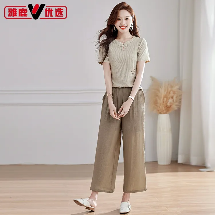 雅鹿优选夏季薄款休闲套装女2025新款国风短袖时尚中老年两件套
