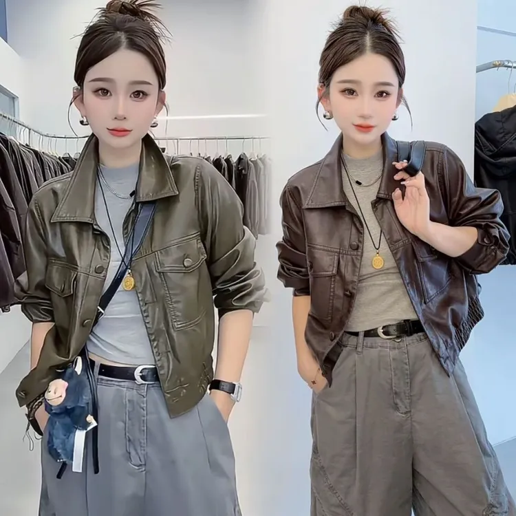 复古翻领油蜡皮短款皮衣女2025秋新款设计感时尚机车PU皮夹克外套