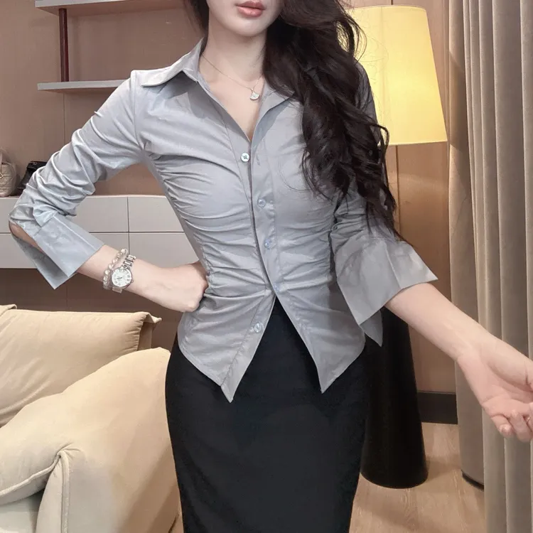 韩版秋冬御姐新款弹力衬衫气质褶皱内搭显胸通勤修身长袖上衣女