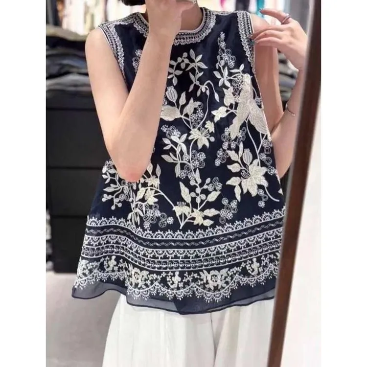 2025超火国风女装新中式法式小资藏蓝色民族风印花无袖背心衬衫夏