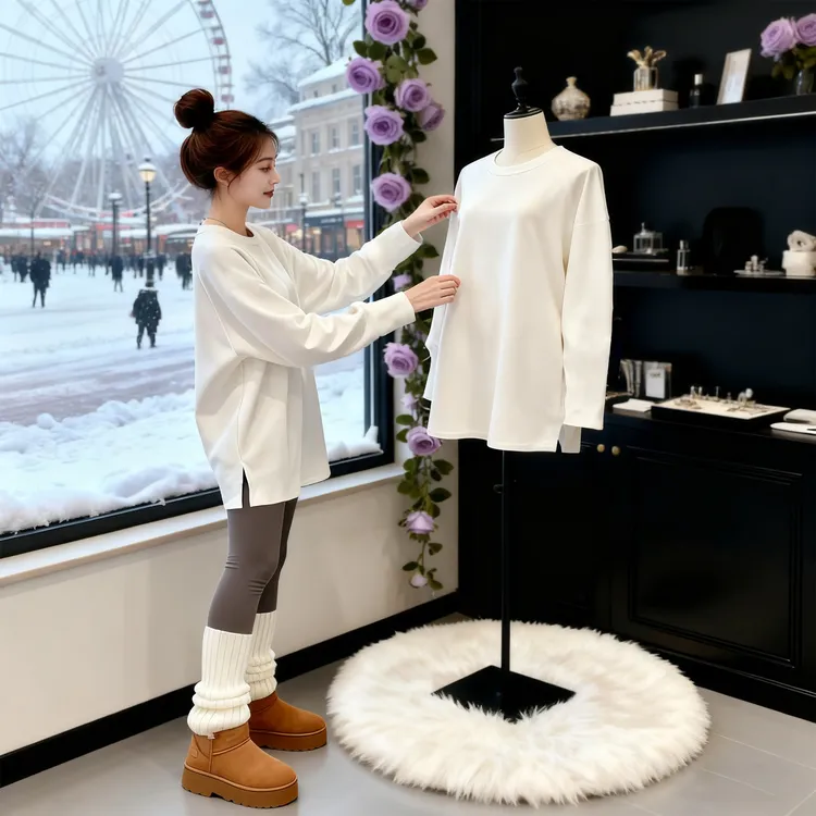 德绒中长款宽松德绒长袖打底衫秋冬季休闲圆领开叉遮屁股T恤上衣