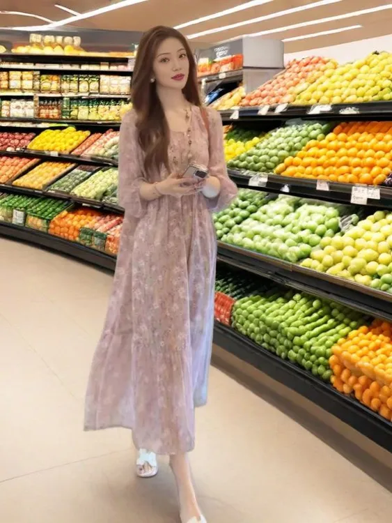 2025夏季新款法式印花碎花连衣裙中老年宽松大码时尚气质显瘦长裙