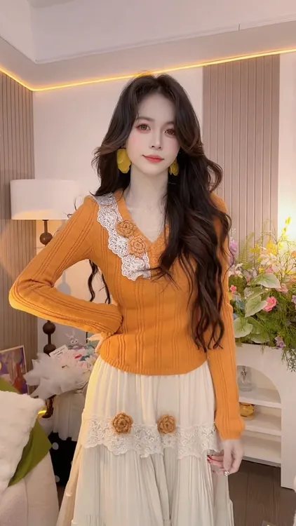 【蕾丝小山茶】毛针织衫气质长袖时尚百搭法式秋季设计感秋冬洋气