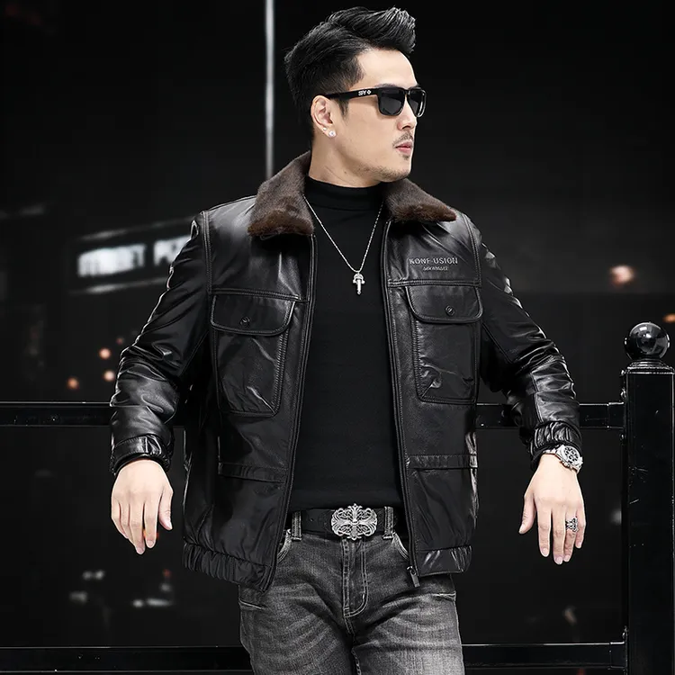 男士短款潮流青年男款加绒修身商务秋冬时尚高档皮夹克男款