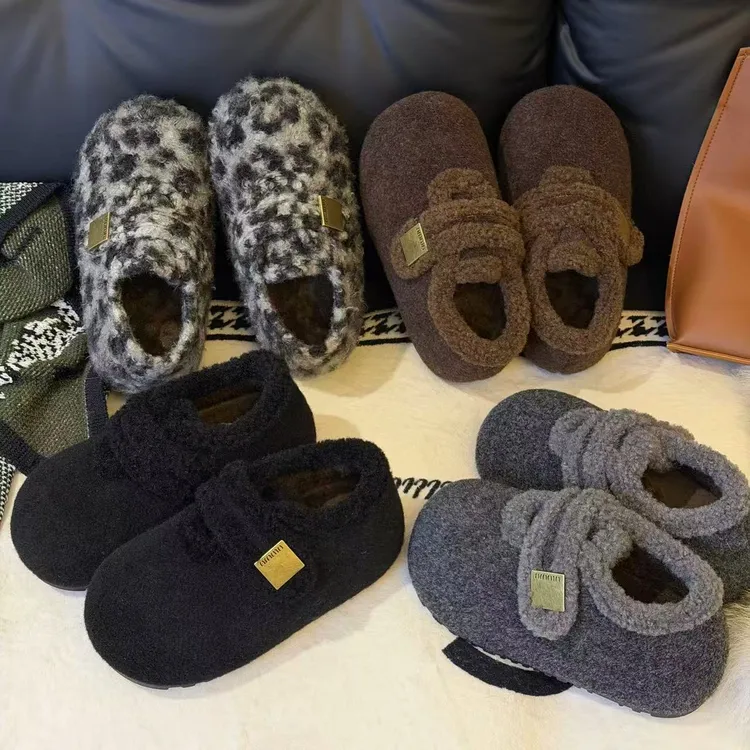 厚底增高大头魔术贴包头款棉鞋秋冬豹纹冬季休闲风保暖玛丽珍棉鞋