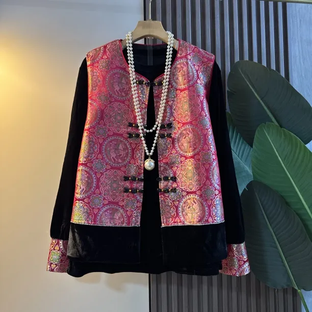 新年款新中式轻奢国风大码女装民族风丝绒提花盘扣拼接马甲套装