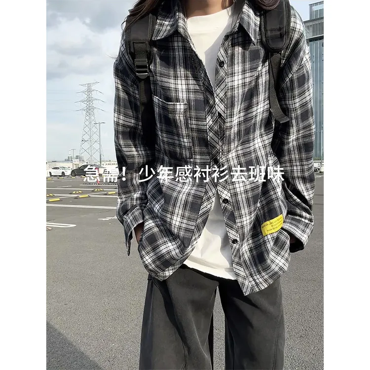 美式潮牌复古藏青色格子长袖衬衫男生秋季宽松大码休闲衬衣薄外套