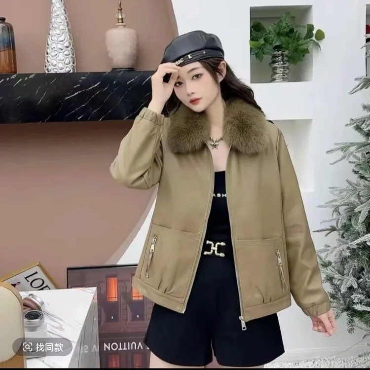 【可乐妈宠粉】女士加绒加厚秋冬季新款可拆卸毛领洋气皮衣