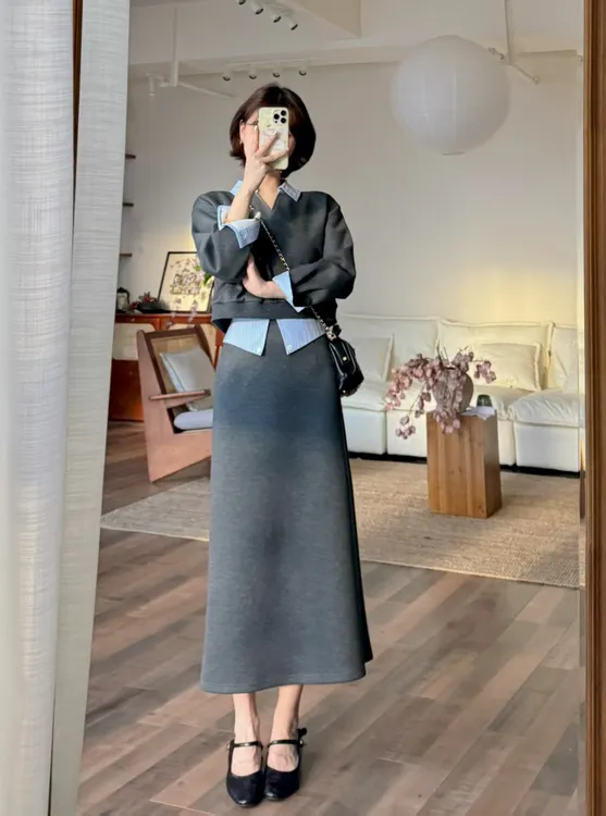 蕾英俊-塞纳湖畔-秋季假两件通勤日常上衣+修身高级灰半裙JF6580M
