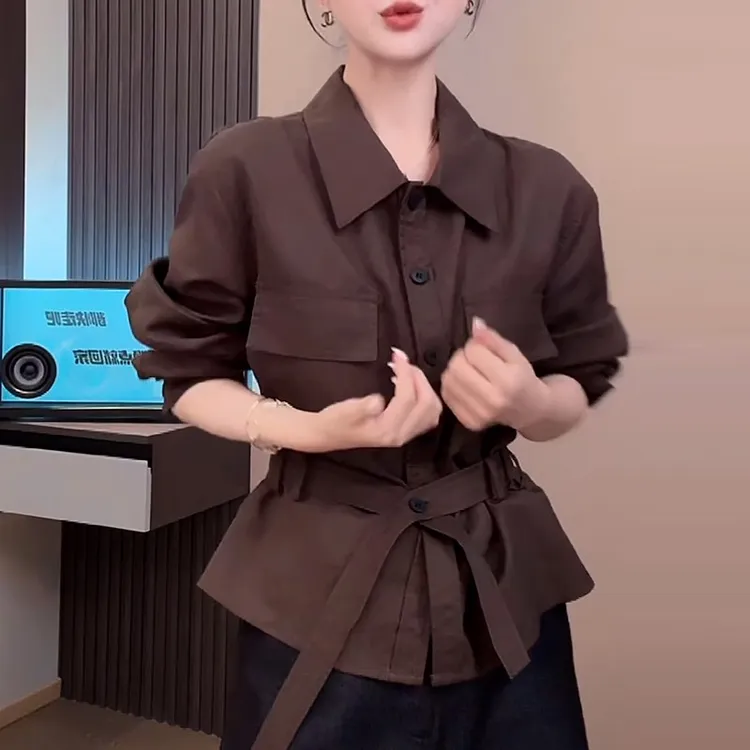 高级感工装风长袖衬衫女秋季新款气质收腰系带显瘦百搭上衣潮6084