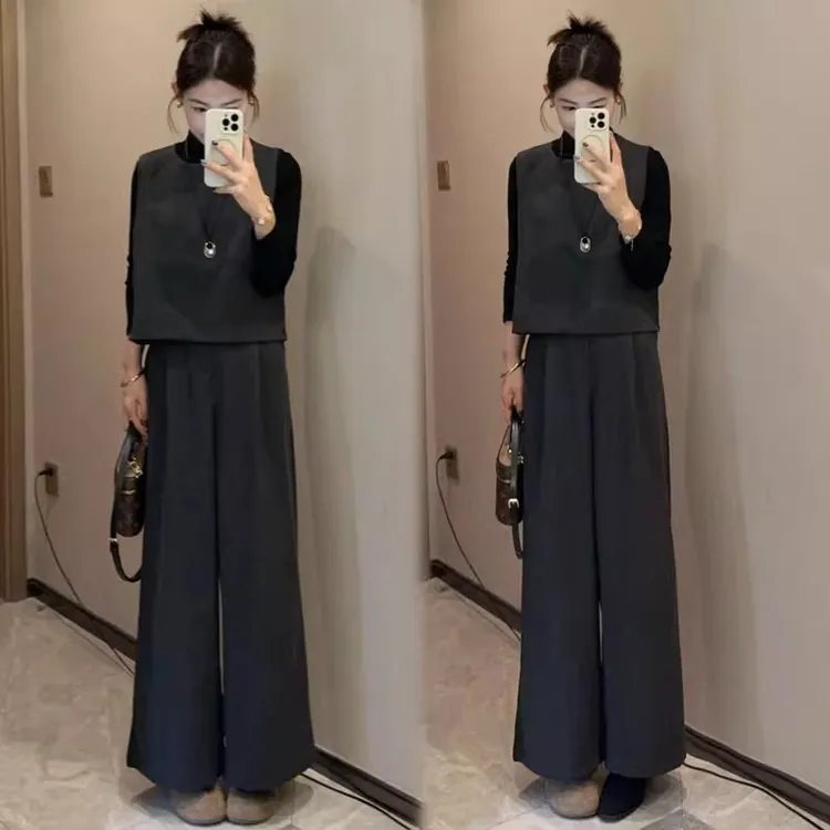 拉夏贝尔时尚套装女秋季新款半高领打底衫马甲阔腿裤气质三件套