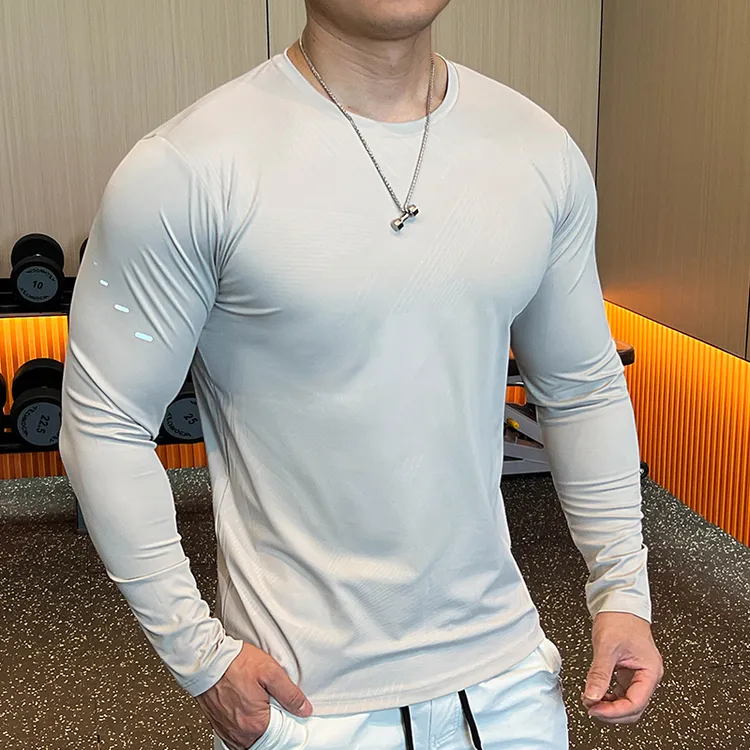 圆领健身速干男士长袖休闲极简上衣弹力衣纯色显瘦透气夜跑健身衣