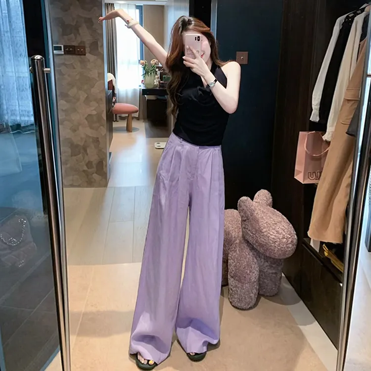 小个子紫色休闲阔腿裤子女夏季2025新款今年流行的高腰垂感拖地裤