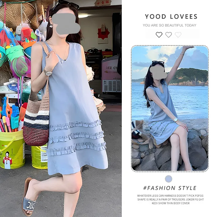 减龄木耳边v领背心连衣裙2025夏季新款高级感宽松褶皱无袖短裙子