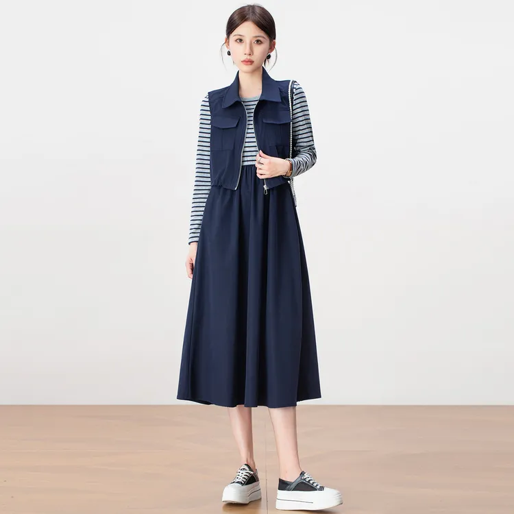 小众设计感时尚两件套女2025秋季新款工装马甲长袖条纹拼接连衣裙