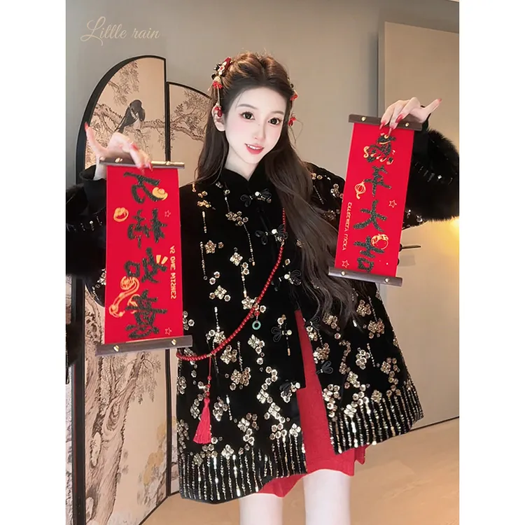 小雨姐姐【珠绣狐梦】新中式设计感珠管绣花冬毛毛袖口国风上衣外套