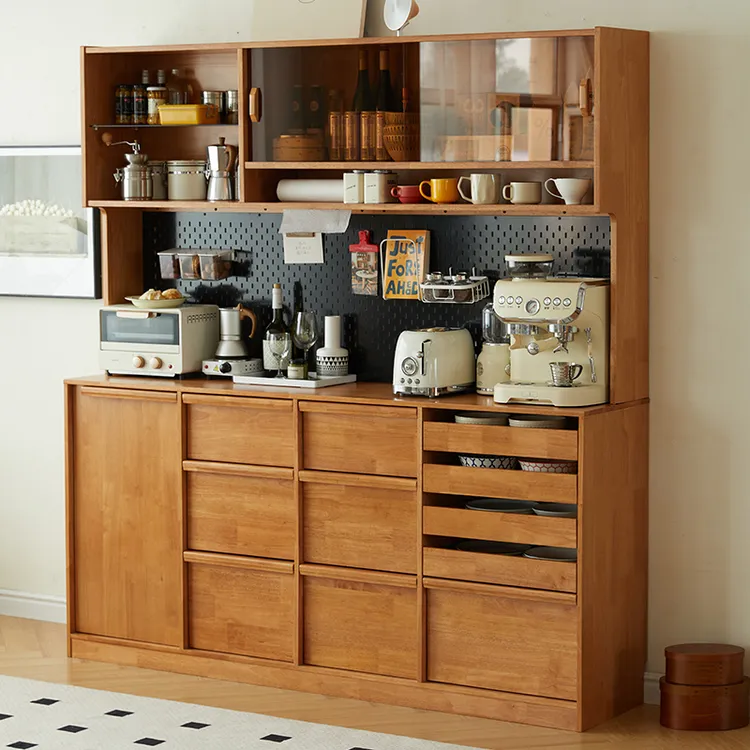 实木餐边柜落地厨房橱柜一体靠墙茶水柜复古风加高纯实木餐边柜