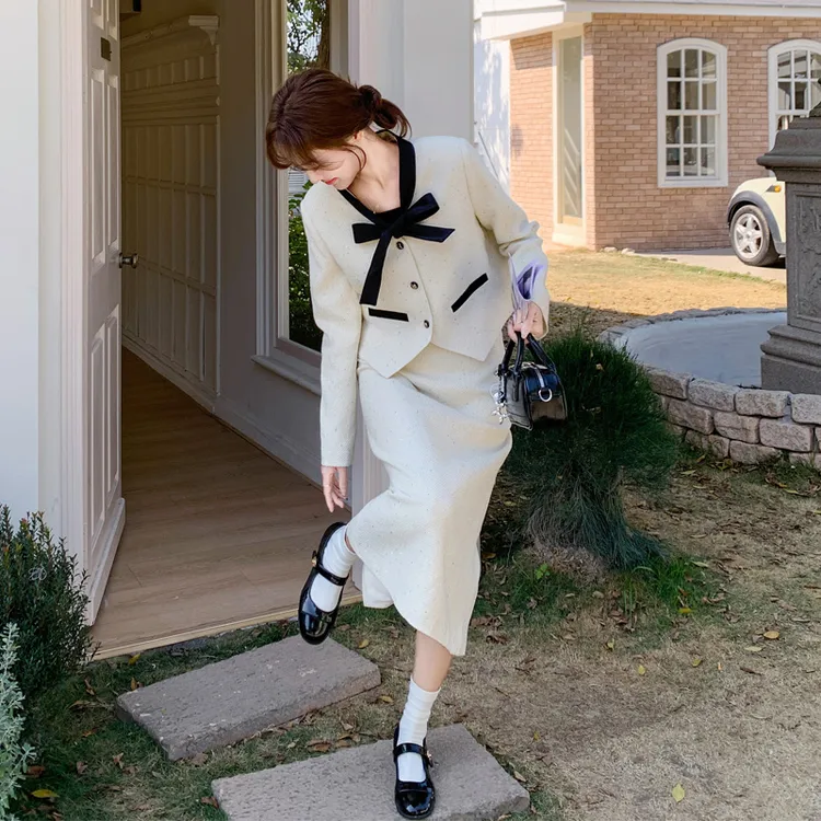 小香风系带套装裙女2025春秋新款氛围感韩剧女主穿搭高级感两件套