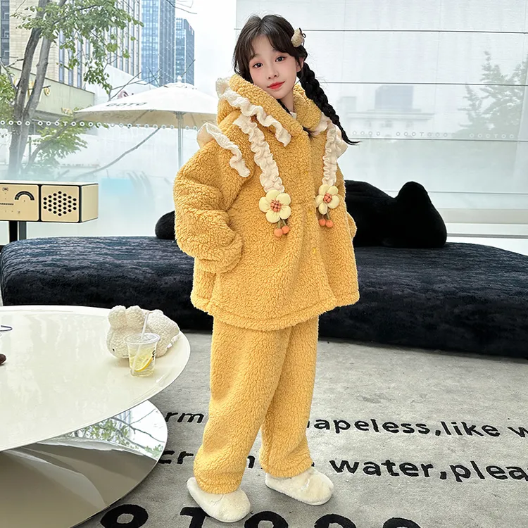 女童珊瑚绒睡衣2025新款儿童加绒加厚家居服女大童冬季套装可外穿